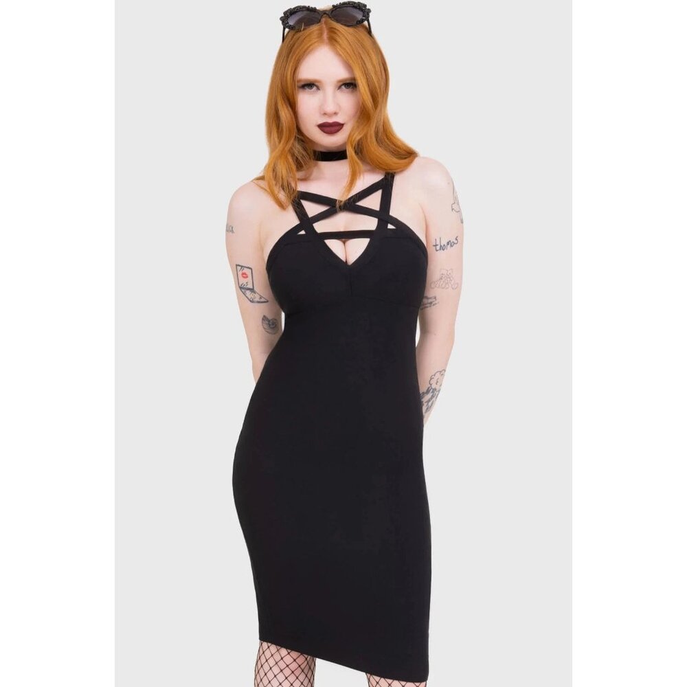 Killstar Dress L Betty Rage Pin Up Midi Strappy Stretchy Bodycon Black Goth NWT - Picture 3 of 6